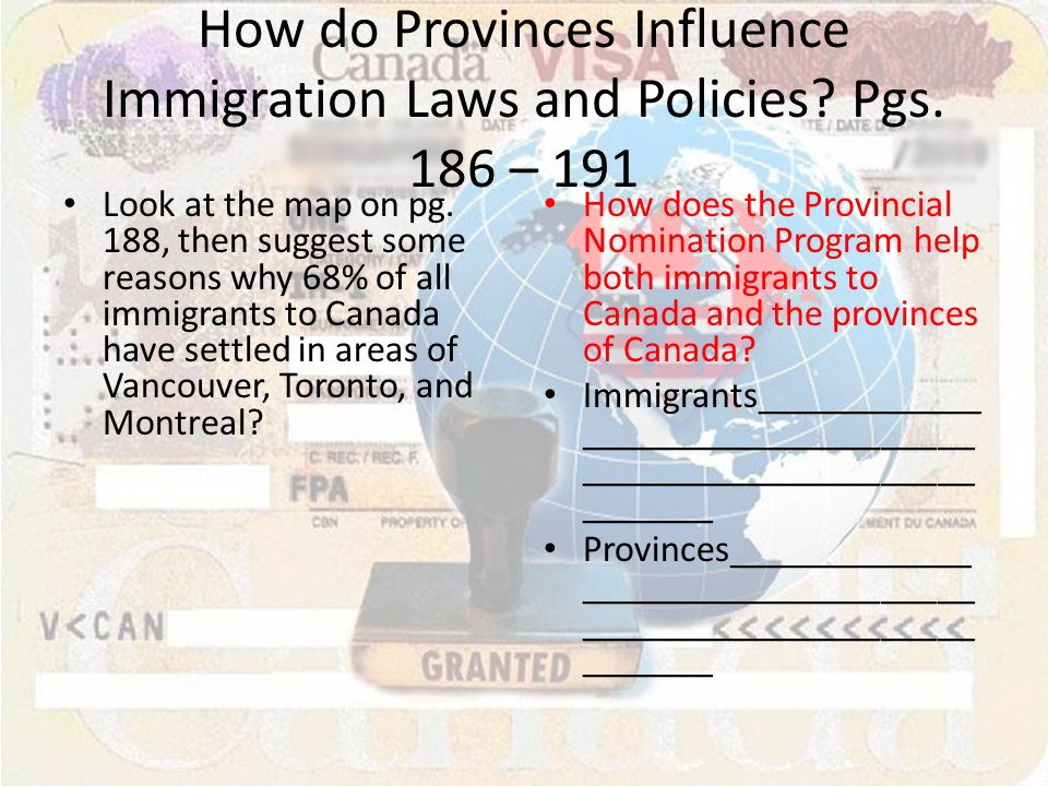 How do Provinces Influence Immigration Laws and Policies. Pgs