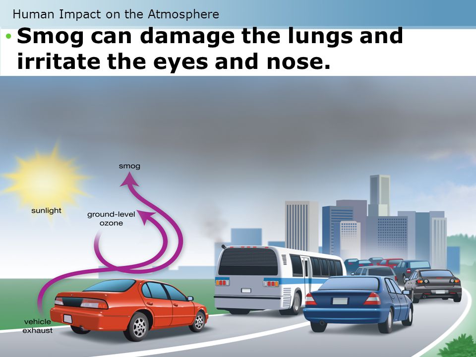 Smog can damage the lungs and irritate the eyes and nose.