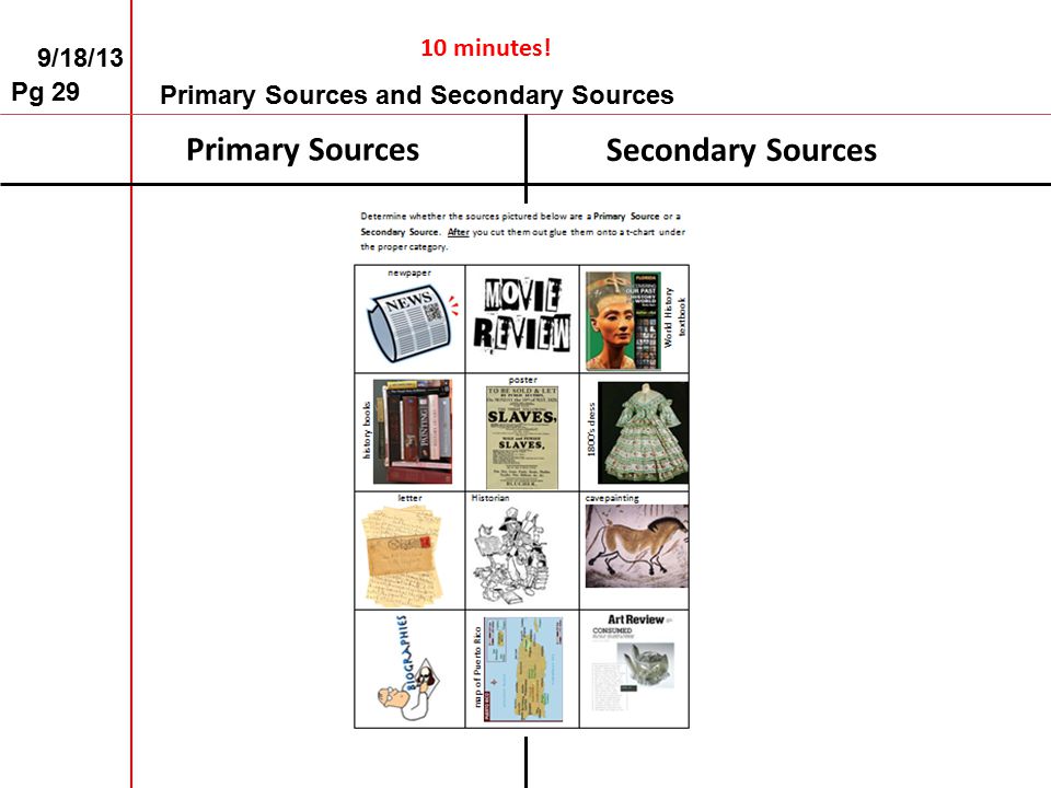 Primary Sources Secondary Sources 10 minutes! 9/18/13 Pg 29