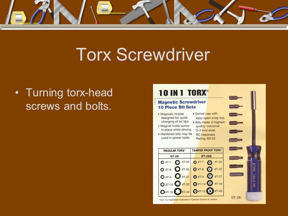 Torx Screwdriver Turning torx-head screws and bolts.