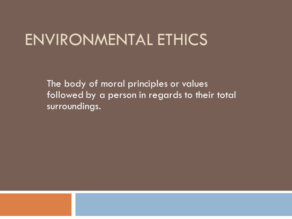 Environmental EthicS The body of moral principles or values followed by a person in regards to their total surroundings.