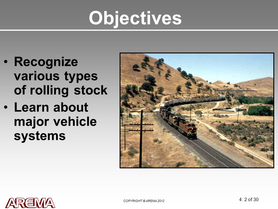 Objectives Recognize various types of rolling stock