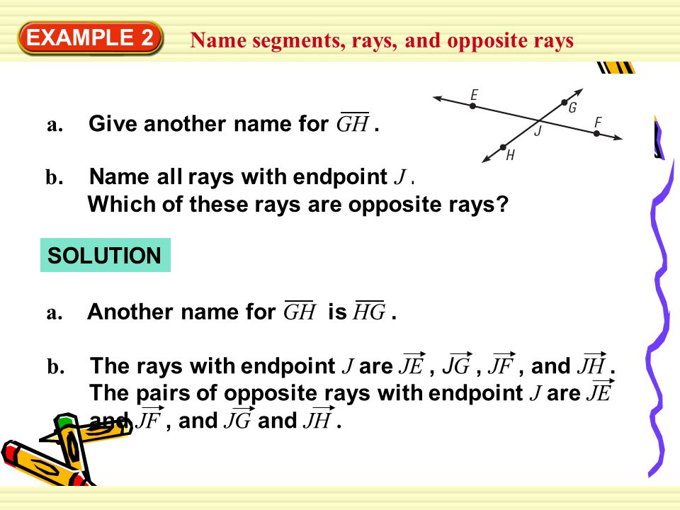 EXAMPLE 2 Name segments, rays, and opposite rays. a. Give another name for GH .