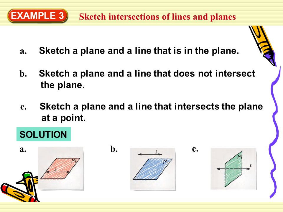 EXAMPLE 3 Sketch intersections of lines and planes. a. Sketch a plane and a line that is in the plane.