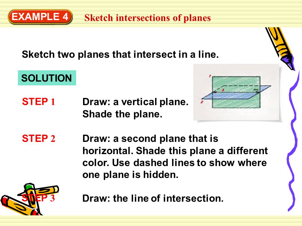 EXAMPLE 4 Sketch intersections of planes. Sketch two planes that intersect in a line. Draw: a vertical plane. Shade the plane.