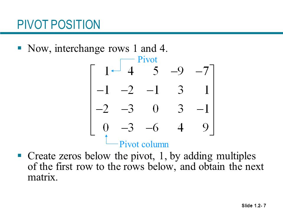 PIVOT POSITION Now, interchange rows 1 and 4.
