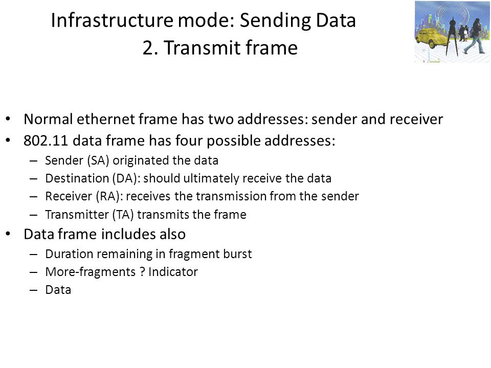 Infrastructure mode: Sending Data 2. Transmit frame