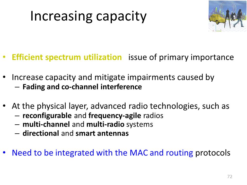 Increasing capacity Efficient spectrum utilization issue of primary importance. Increase capacity and mitigate impairments caused by.