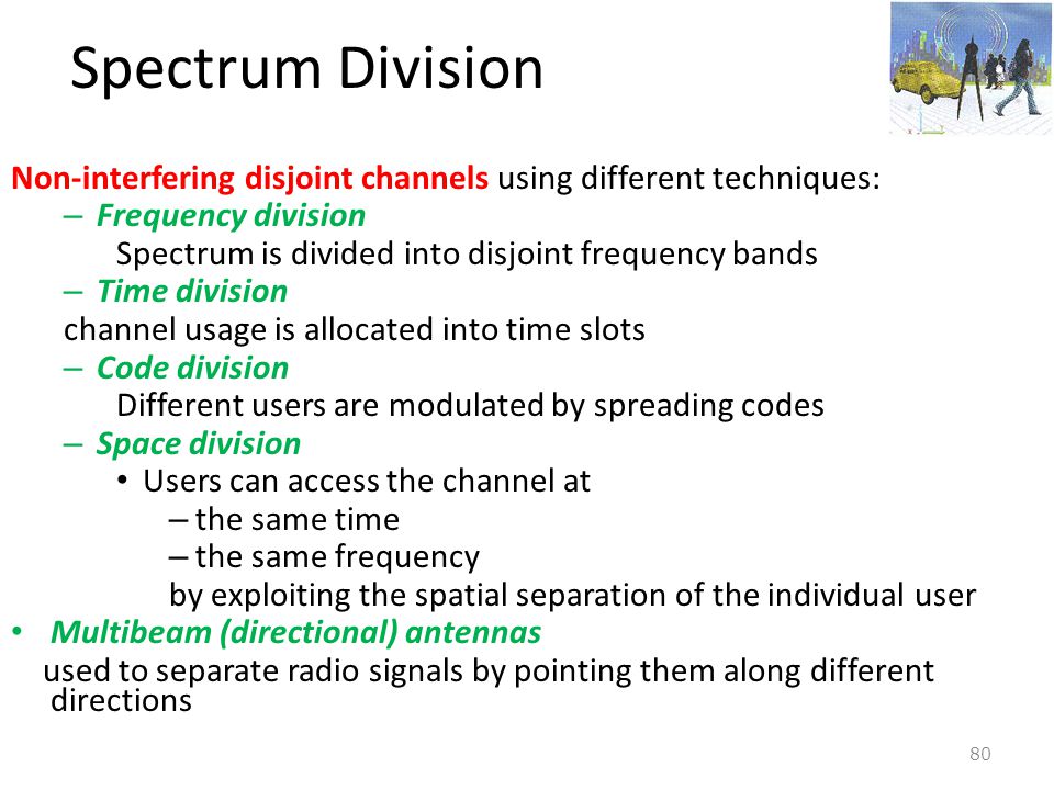 Spectrum Division Non-interfering disjoint channels using different techniques: Frequency division.
