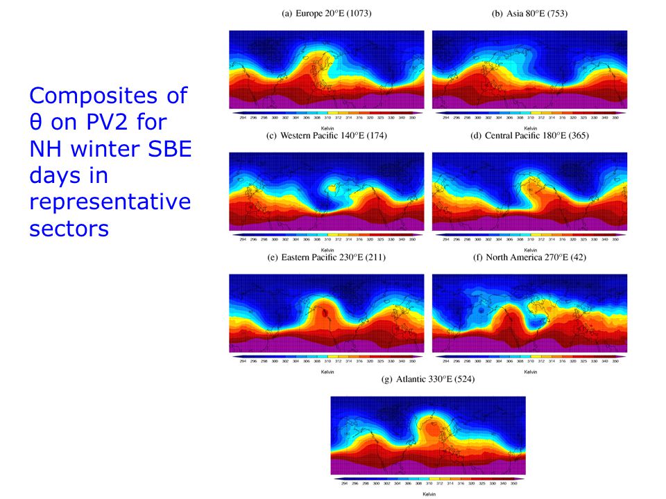 Composites of θ on PV2 for NH winter SBE days in representative sectors