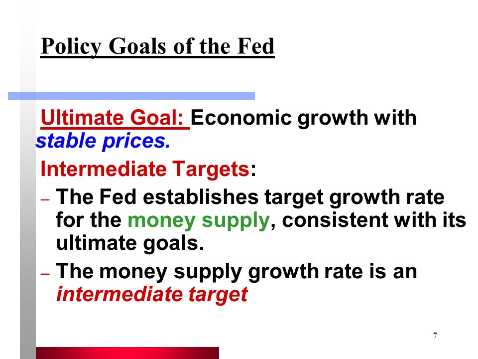 Policy Goals of the Fed Ultimate Goal: Economic growth with stable prices. Intermediate Targets: