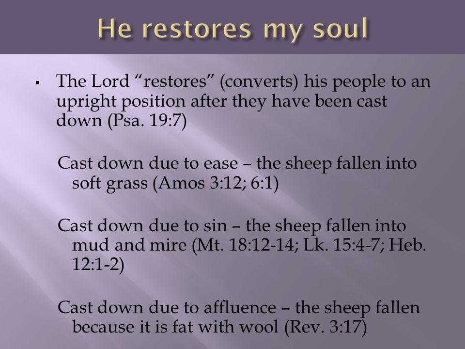 He restores my soul The Lord restores (converts) his people to an upright position after they have been cast down (Psa. 19:7)