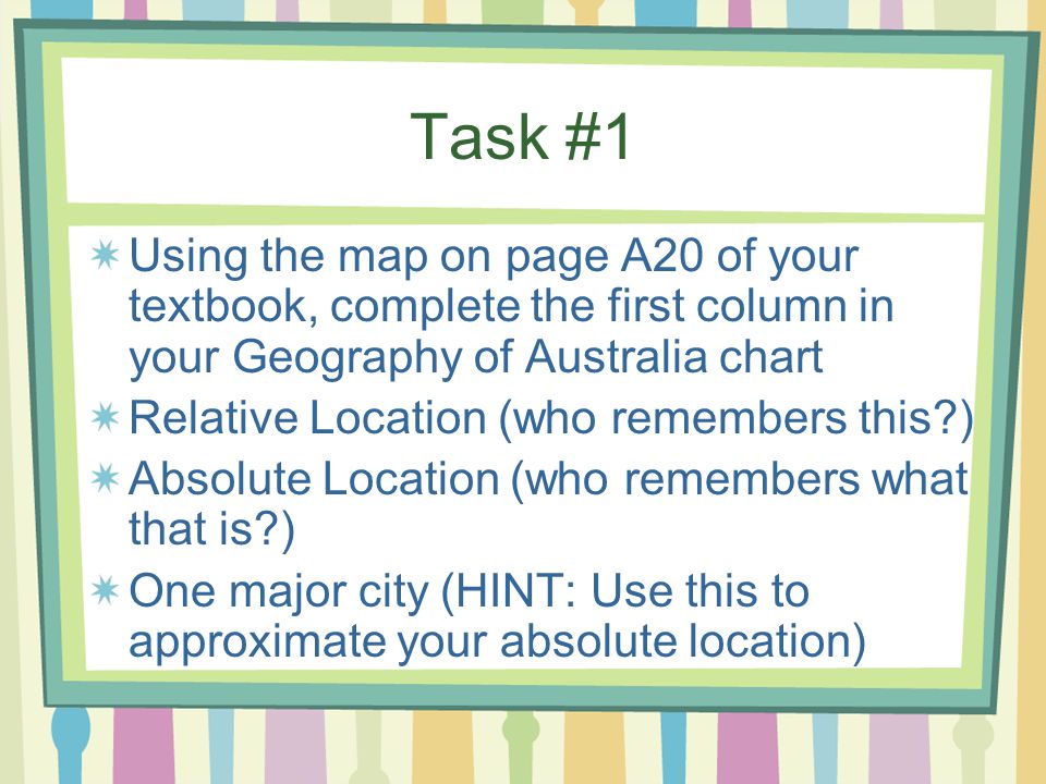 Task #1 Using the map on page A20 of your textbook, complete the first column in your Geography of Australia chart.