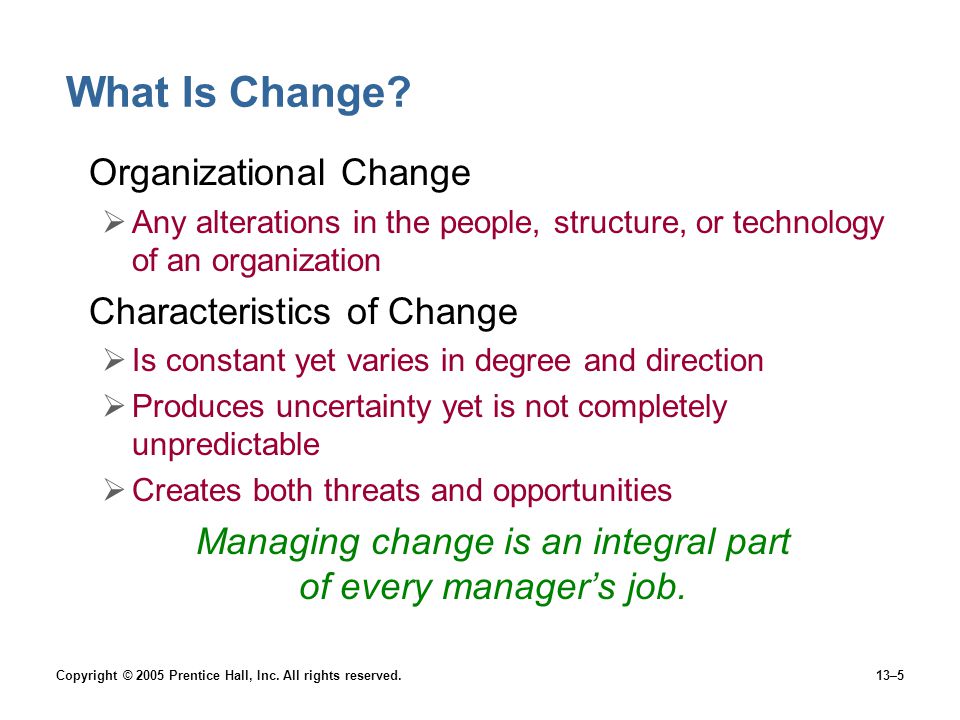 Managing change is an integral part of every manager’s job.