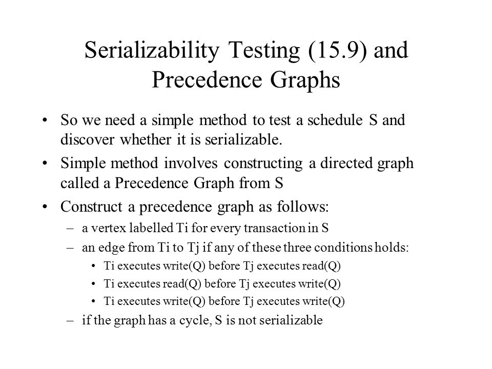 Serializability Testing (15.9) and Precedence Graphs