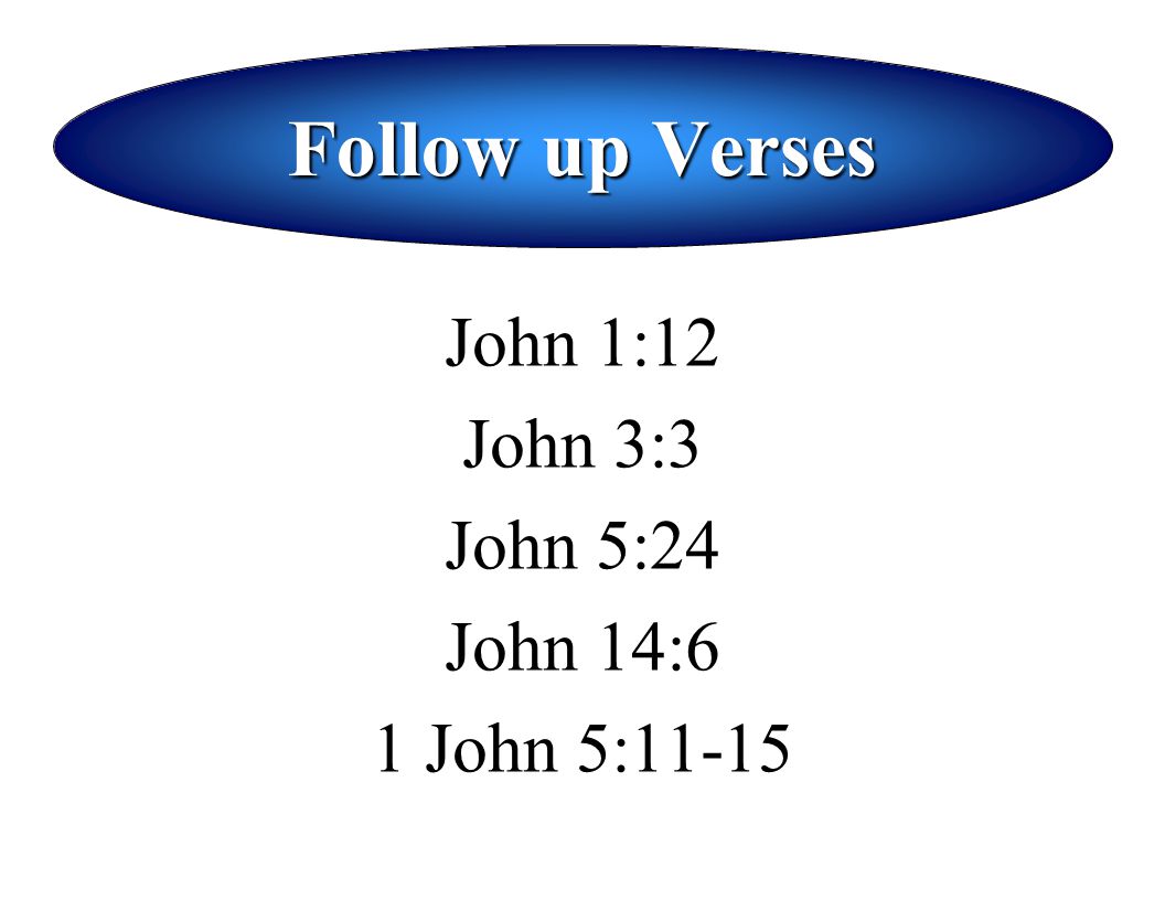 Follow up Verses John 1:12 John 3:3 John 5:24 John 14:6 1 John 5:11-15