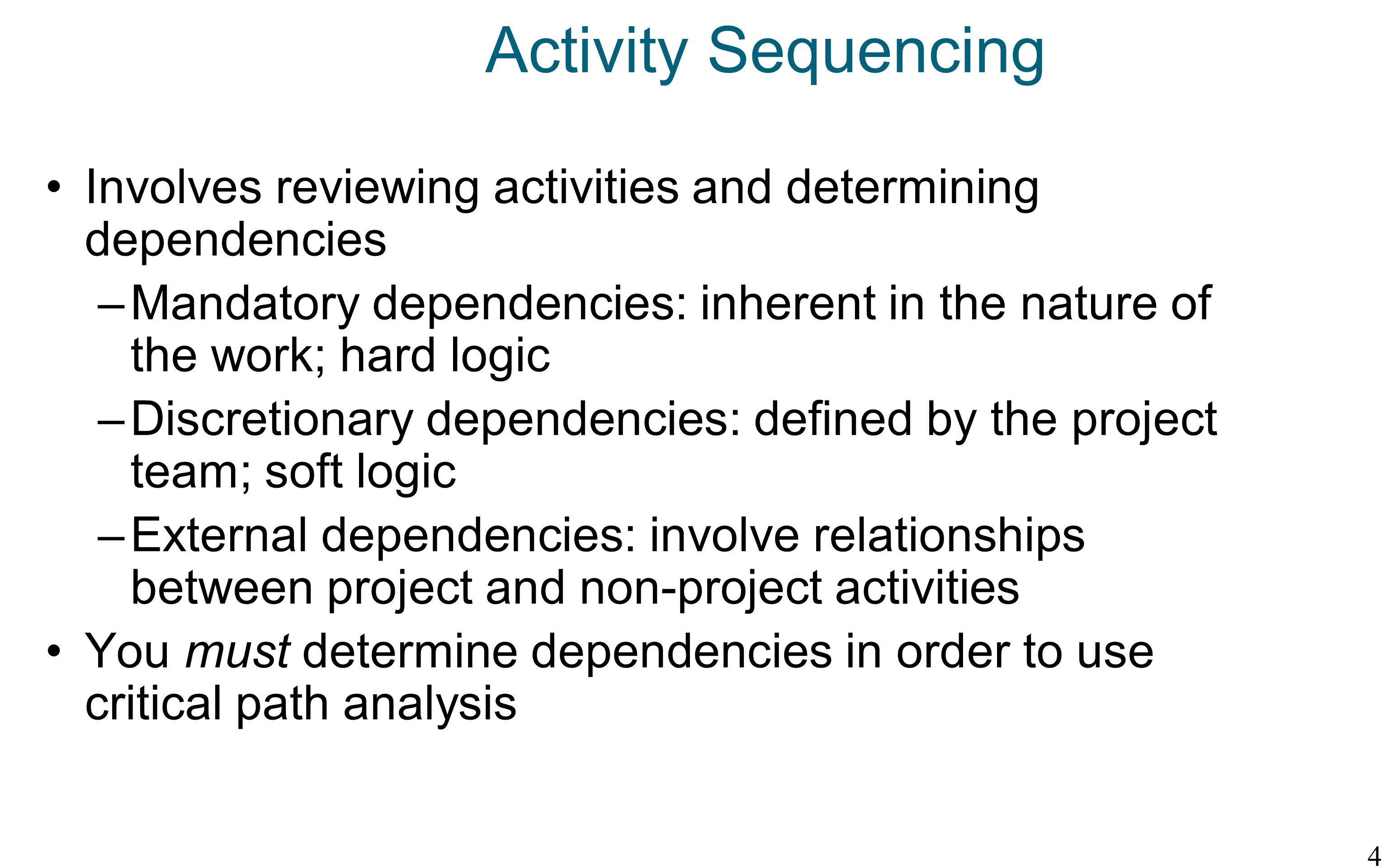 Activity Sequencing Involves reviewing activities and determining dependencies.