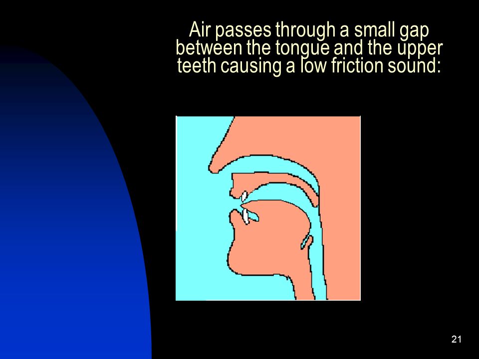 Air passes through a small gap between the tongue and the upper teeth causing a low friction sound: