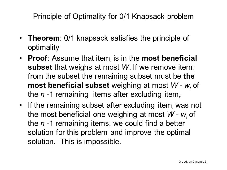 Principle of Optimality for 0/1 Knapsack problem