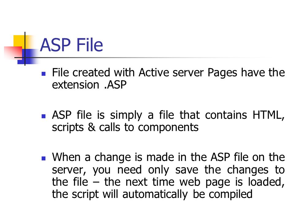 ASP File File created with Active server Pages have the extension .ASP