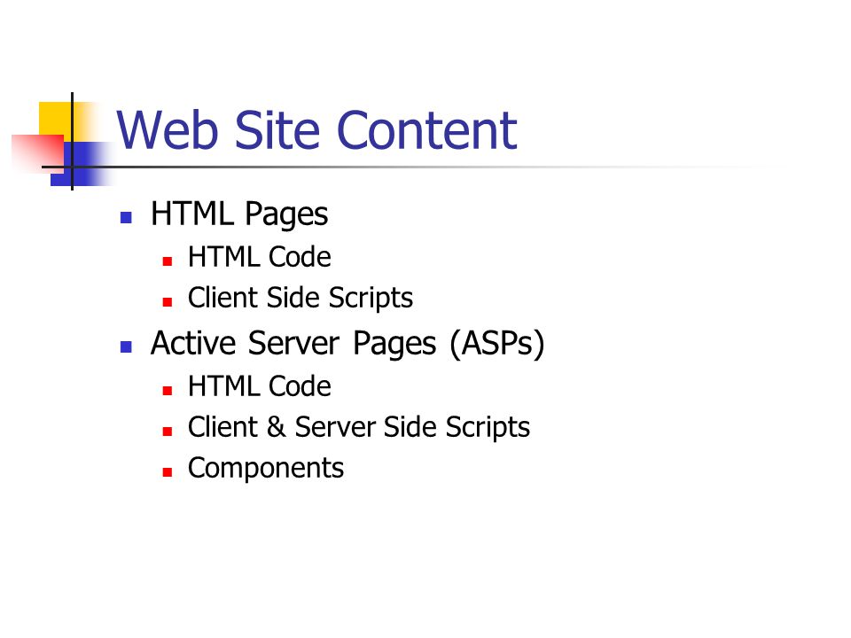 Web Site Content HTML Pages Active Server Pages (ASPs) HTML Code