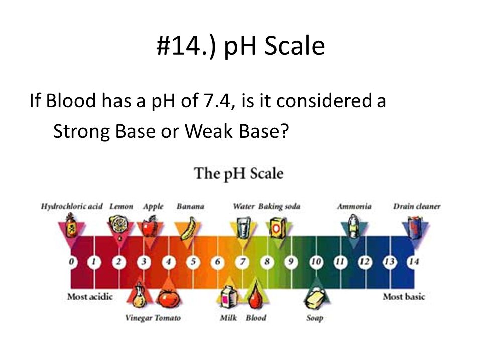 #14.) pH Scale If Blood has a pH of 7.4, is it considered a Strong Base or Weak Base