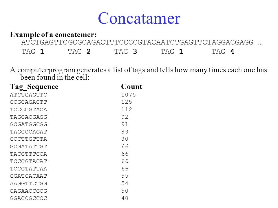 Concatamer Example of a concatemer: ATCTGAGTTC GCGCAGACTTTCCCCGTACAATCTGAGTTCTAGGACGAGG … TAG 1 TAG 2 TAG 3 TAG 1 TAG 4.
