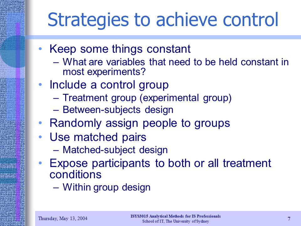 Strategies to achieve control