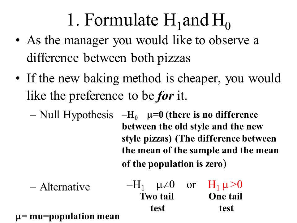 1. Formulate H1and H0 As the manager you would like to observe a difference between both pizzas.