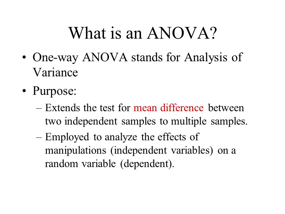 What is an ANOVA One-way ANOVA stands for Analysis of Variance