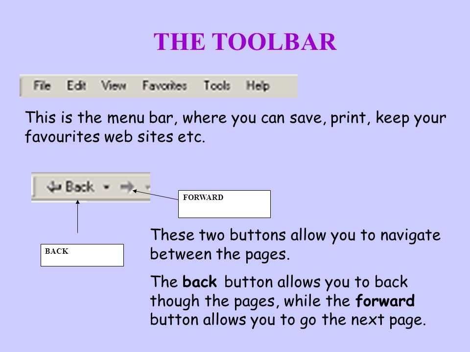 THE TOOLBAR This is the menu bar, where you can save, print, keep your favourites web sites etc. BACK.