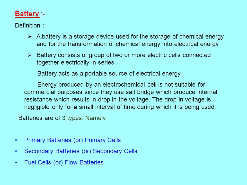 BATTERIES Definition Types of Batteries Primary Batteries - ppt video  online download