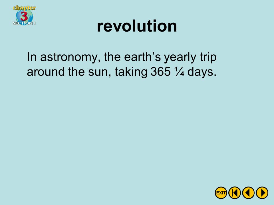revolution In astronomy, the earth’s yearly trip around the sun, taking 365 ¼ days.