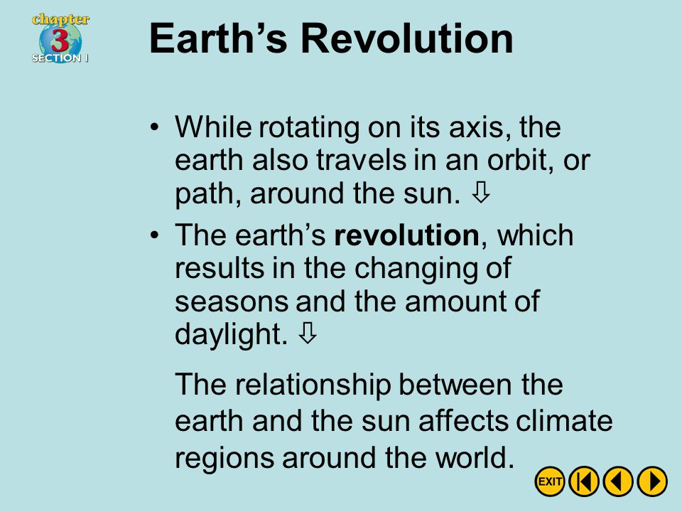Earth’s Revolution While rotating on its axis, the earth also travels in an orbit, or path, around the sun. 