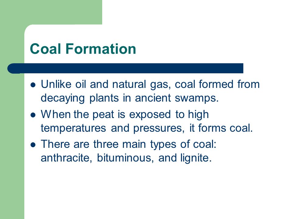 Coal Formation Unlike oil and natural gas, coal formed from decaying plants in ancient swamps.