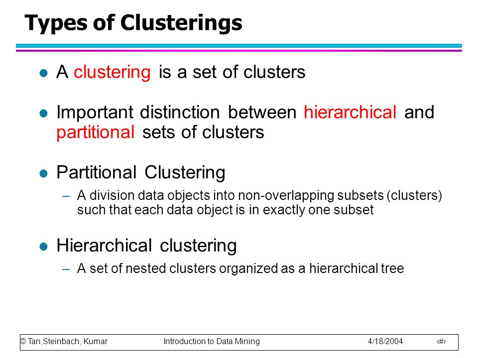 Types of Clusterings A clustering is a set of clusters