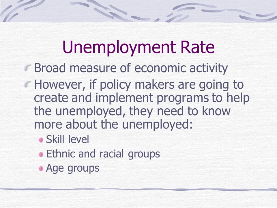 Unemployment Rate Broad measure of economic activity