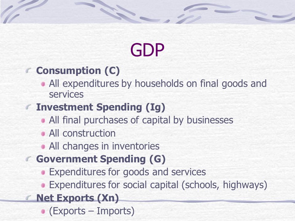 GDP Consumption (C) All expenditures by households on final goods and services. Investment Spending (Ig)