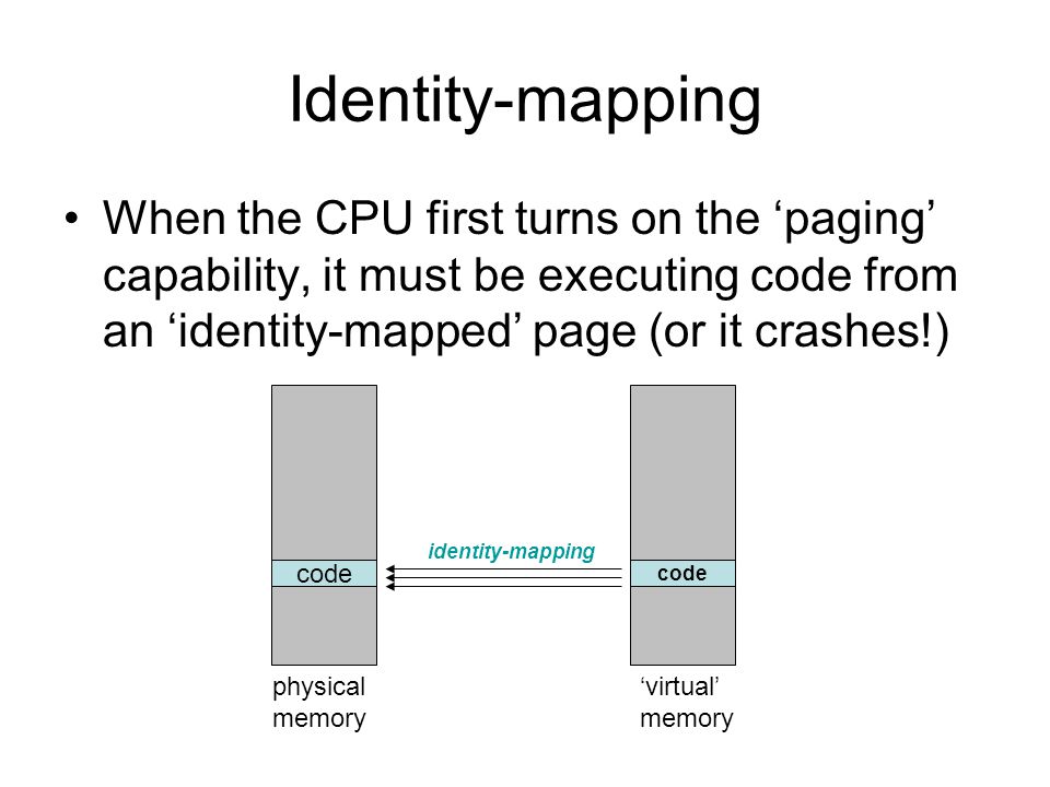 Identity-mapping When the CPU first turns on the ‘paging’ capability, it must be executing code from an ‘identity-mapped’ page (or it crashes!)