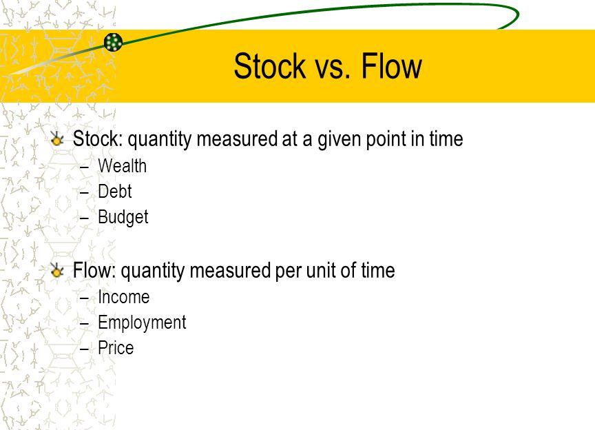 Stock vs. Flow Stock: quantity measured at a given point in time