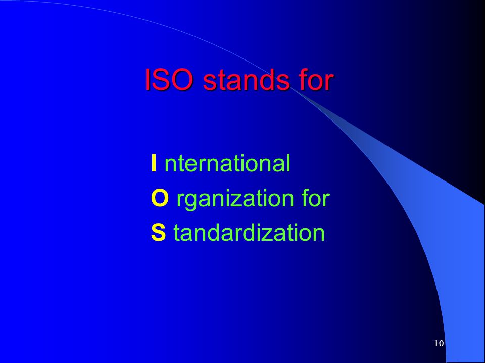 ISO stands for I nternational O rganization for S tandardization