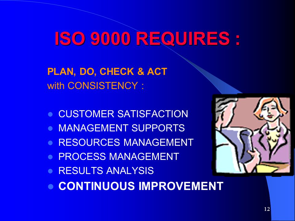 ISO 9000 REQUIRES : CONTINUOUS IMPROVEMENT PLAN, DO, CHECK & ACT