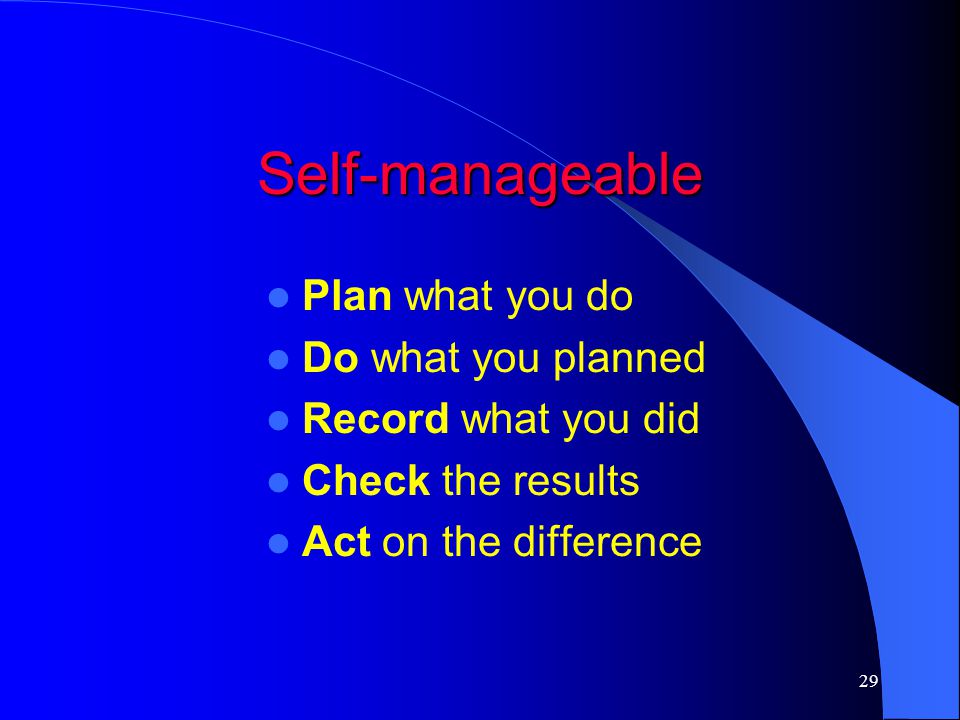 Self-manageable Plan what you do Do what you planned