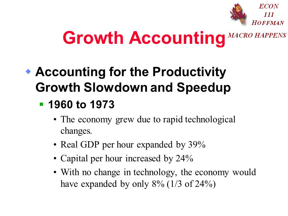 Growth Accounting Accounting for the Productivity Growth Slowdown and Speedup to The economy grew due to rapid technological changes.
