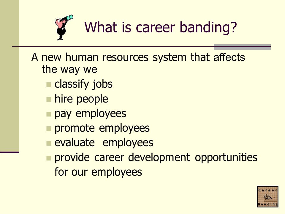 What is career banding A new human resources system that affects the way we. classify jobs. hire people.