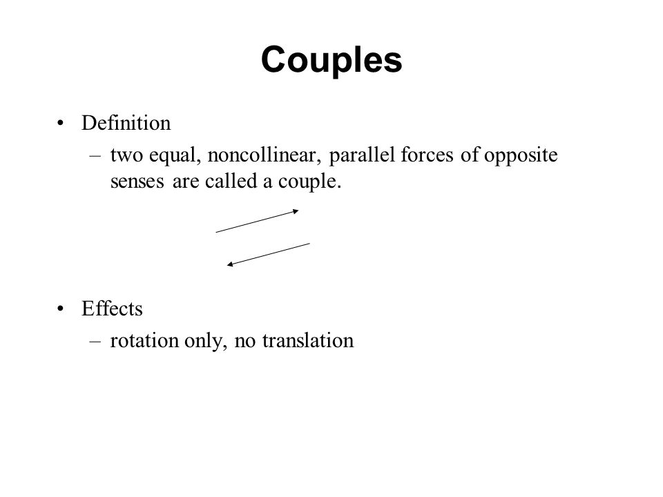 Couples Definition. two equal, noncollinear, parallel forces of opposite senses are called a couple.