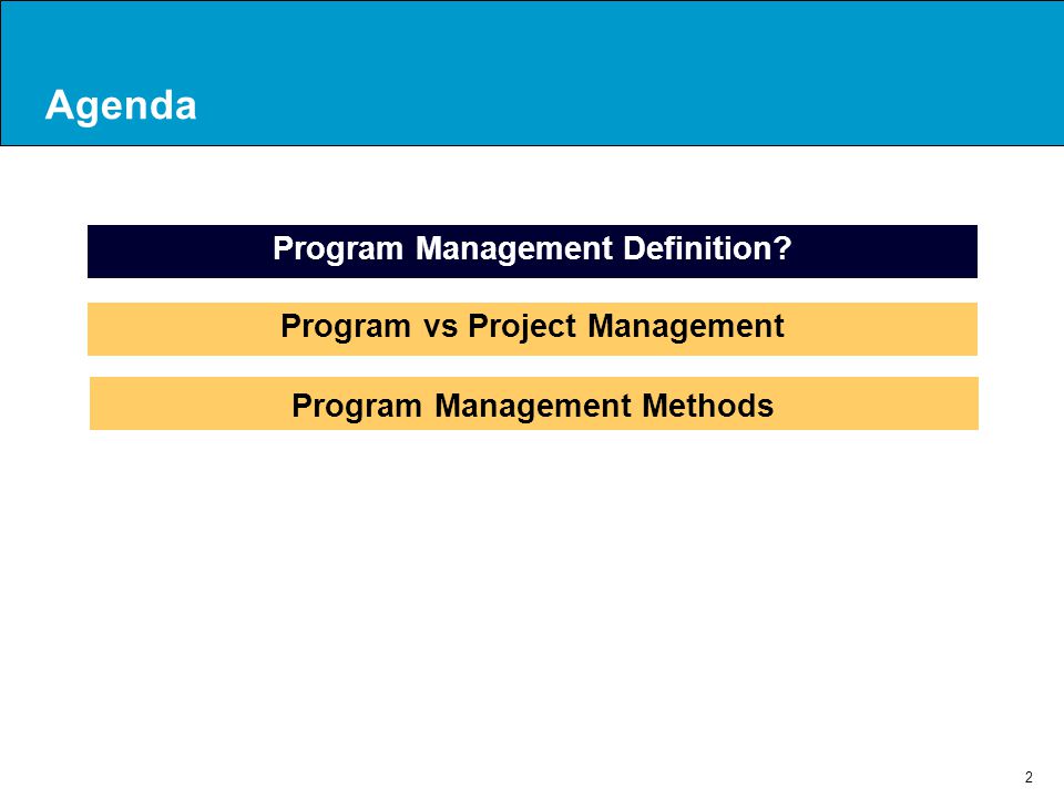 Agenda Program Management Definition Program vs Project Management