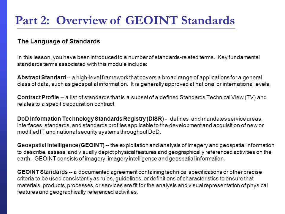 Part 2: Overview of GEOINT Standards