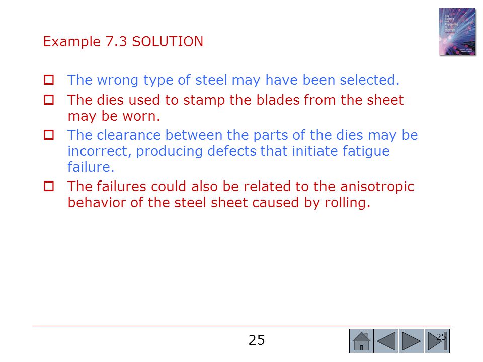 Example 7.3 SOLUTION The wrong type of steel may have been selected. The dies used to stamp the blades from the sheet may be worn.