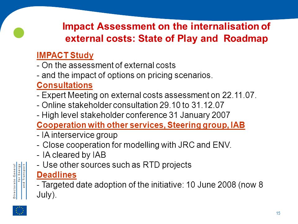 Impact Assessment on the internalisation of external costs: State of Play and Roadmap